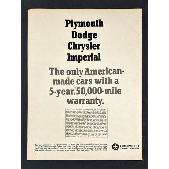 Chrysler Corp "Only American Cars w/ 5-year 50,000-mile Warranty" Print Ad 1966 - Picture 3 of 3